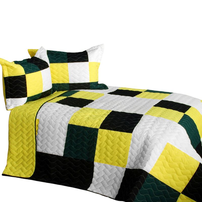 Queen Size 3 Piece Reversible Quilt Set with Vermicelli Quilting and Printed Design-White image number 1