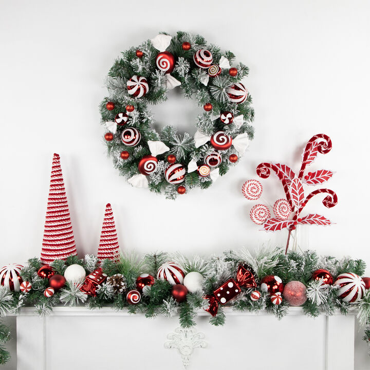 Frosted Pine Artificial Christmas Wreath with Swirled Candy Ornaments  24-Inch