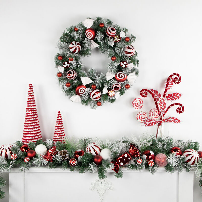 Frosted Pine Artificial Christmas Wreath with Swirled Candy Ornaments  24-Inch image number 1