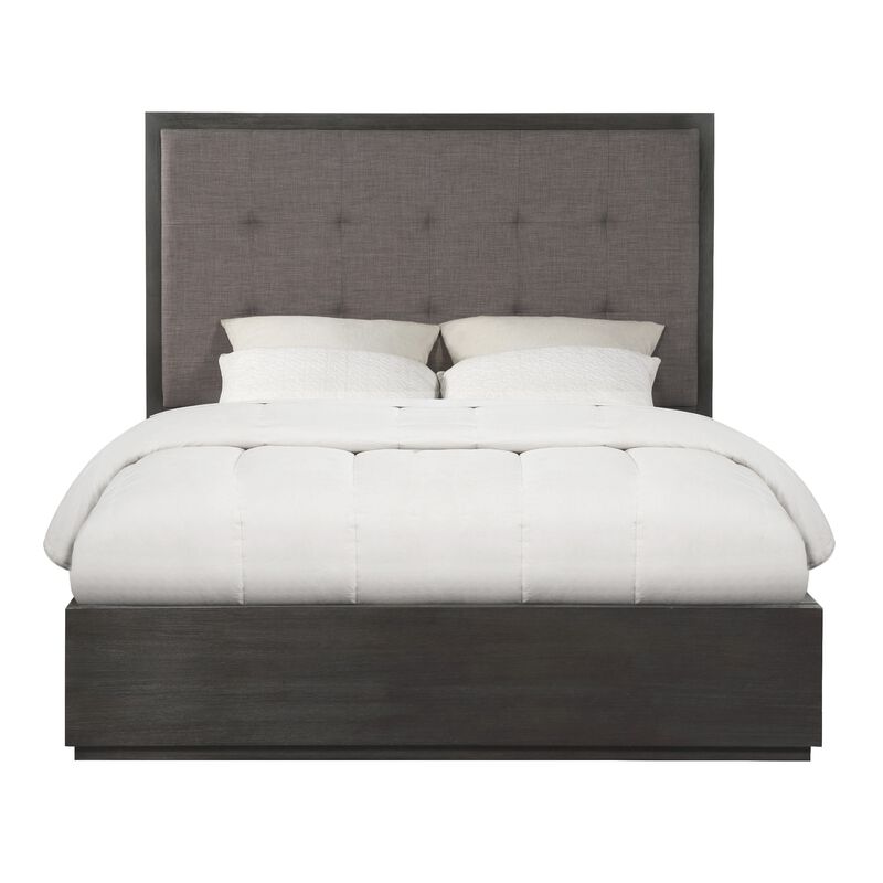 Jose Acacia Wood Tufted Platform Queen Bed with Storage, Dark Heather Gray - Benzara