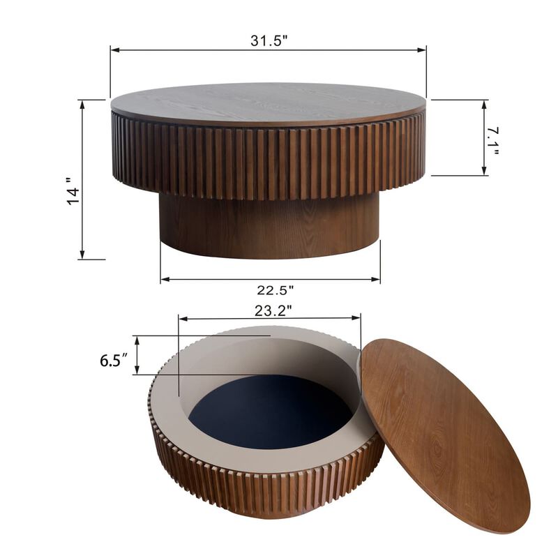 Round coffee table with storage Solid wood veneer and MDF coffee table with fluted base Modern accent coffee table for small spaces image number 2