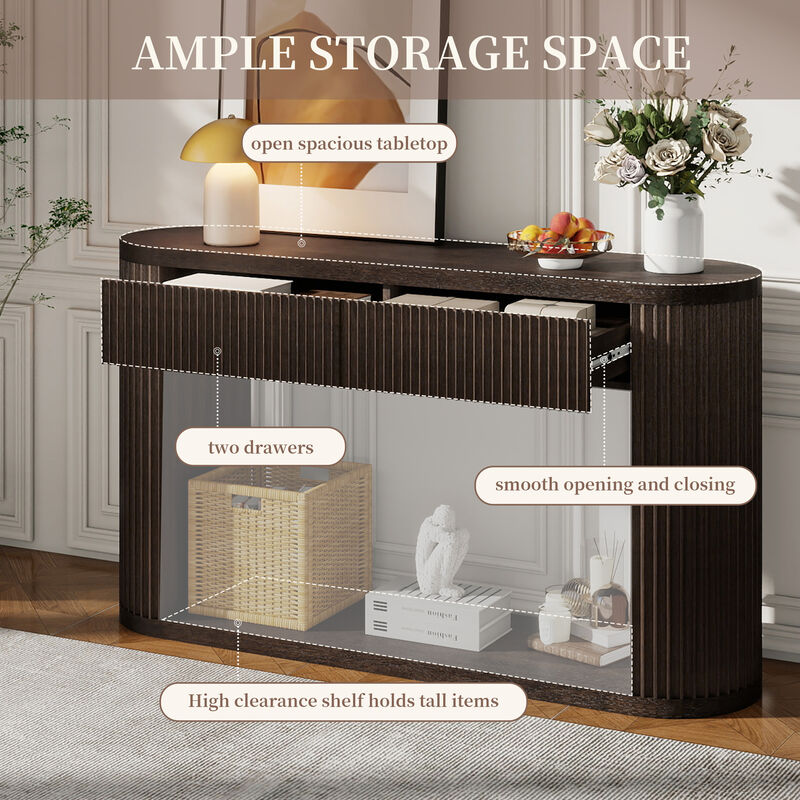 Merax Oval Fluted Rubber Wood Console Table with 2 Drawers & Open Bottom Shelf image number 5