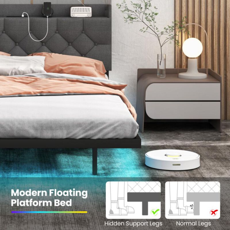 Hivvago Floating Bed Frame with LED and Headboard and Charging Station