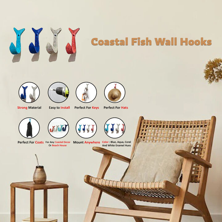 Set of 4 Cast Iron Flipping Fish Wall Hooks 4 Inches Long&ndash; Easy to Hang - Coastal Decor Perfection for Beach Towel Hanging and Rustic Key or Coat Rack Needs