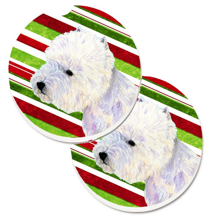 Caroline's Treasures Westie Candy Cane Holiday Christmas Set of 2 Cup Holder Car Coasters LH9225CARC, 2.56, Multicolor