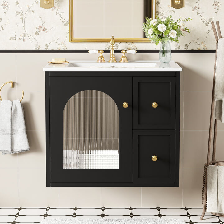 ELEMENT ACE Compact Wall Mounted Bathroom Vanity Set with Ceramic Sink and Storage Cabinet