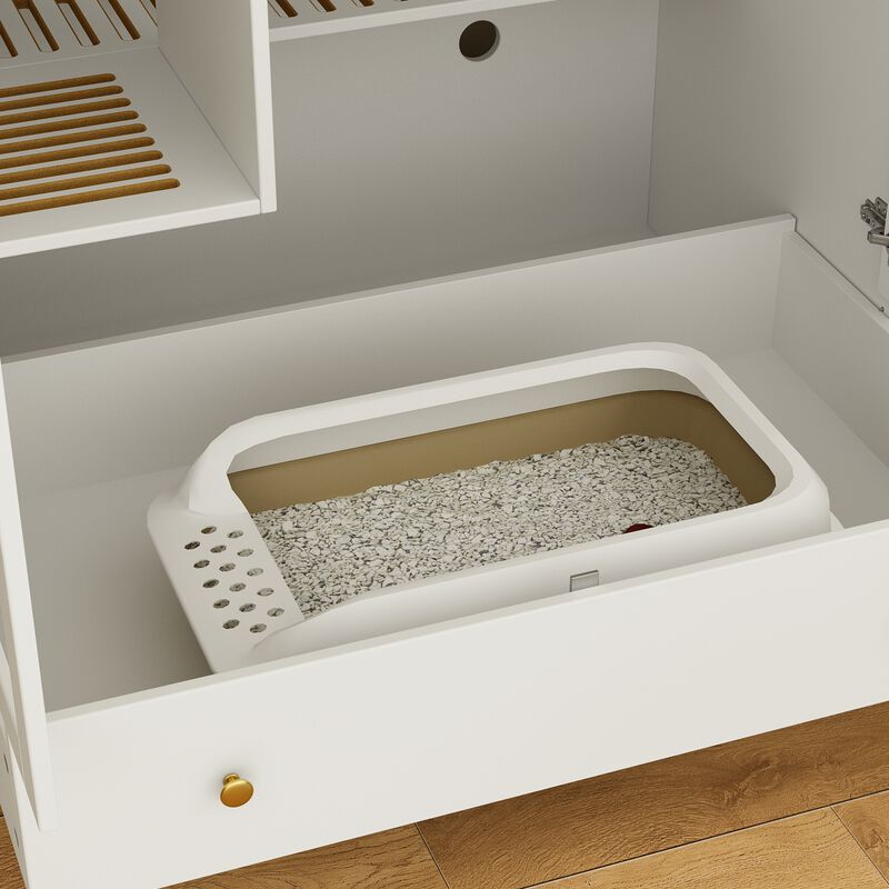Extra Large Cat Litter Box Furniture Hidden, Cat Condo Pet House with Stairs, Cat Litter House for Living Room, White image number 7