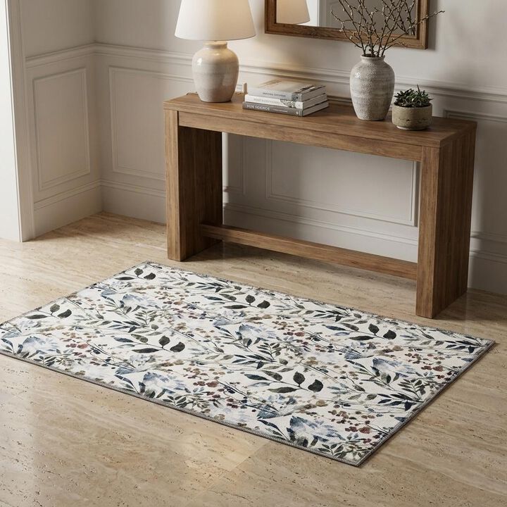 HomeRoots Floral Power Loom Washable Non Skid Area Rug
