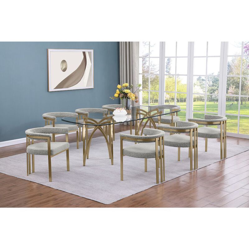 Best Quality Furniture 9Pc Tempered Glass Dining Table Set With 8 Rich Gray With Matte Gold Side Chairs