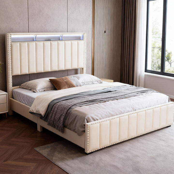 Queen Upholstered LED Contemporary Bed Frame with Touch-Sensitive Light Strip, 3 Adjustable Brightness Levels, Velvet Platform Bed, No Box Spring Needed