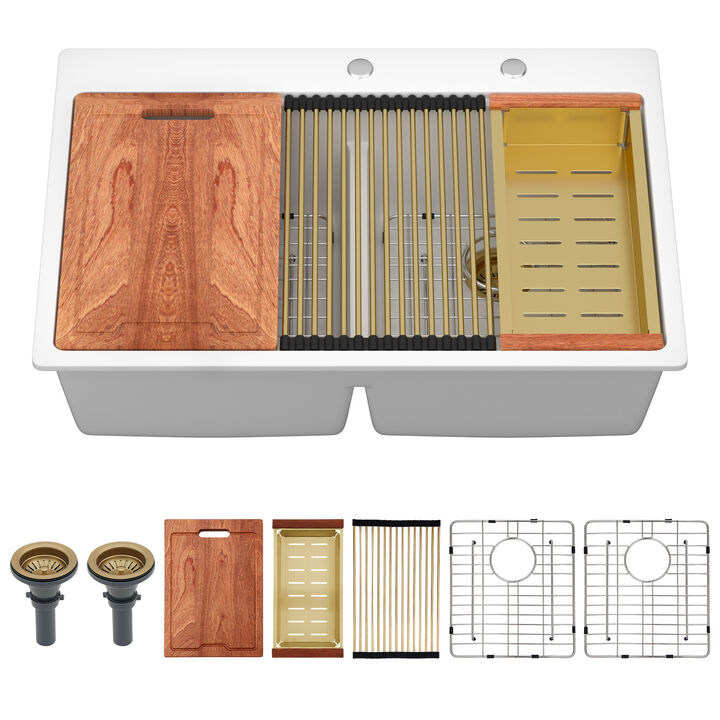 33x22x10 Inch White Granite Composite Workstation kitchen Sink Low Divide 50/50 Double Bowl Quartz Drop In Kitchen Sink