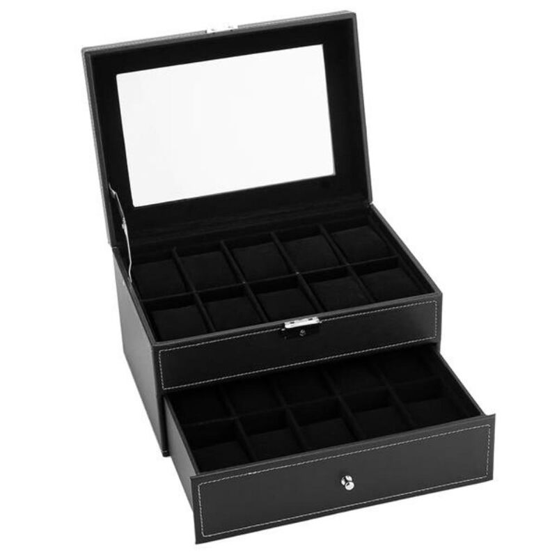 Lockable 20-Slot Watch Box for Men with Glass Top Display & Organizer