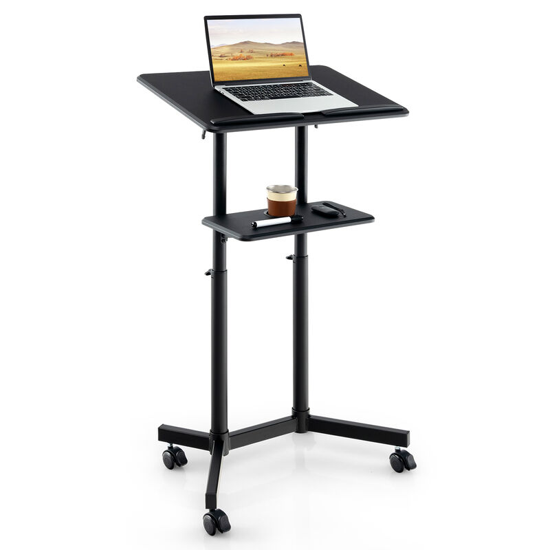 Mobile Lectern Podium Height-adjustable Rolling Laptop Cart with Tilting Top Storage Tray image number 3