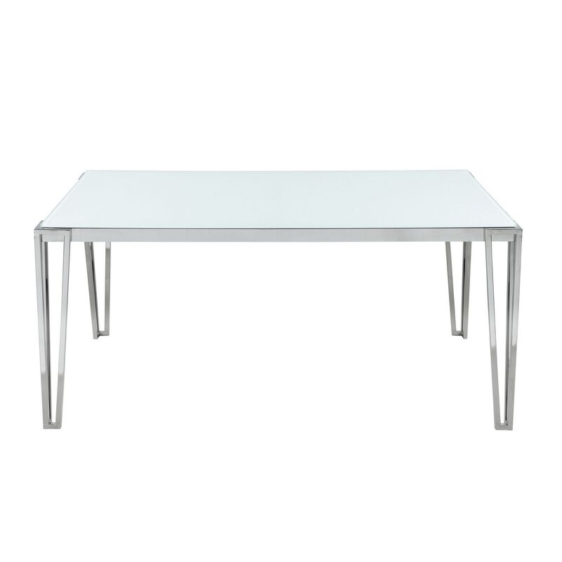 Dining Table with Glass Top and Metal Legs, White and Chrome-Benzara image number 2