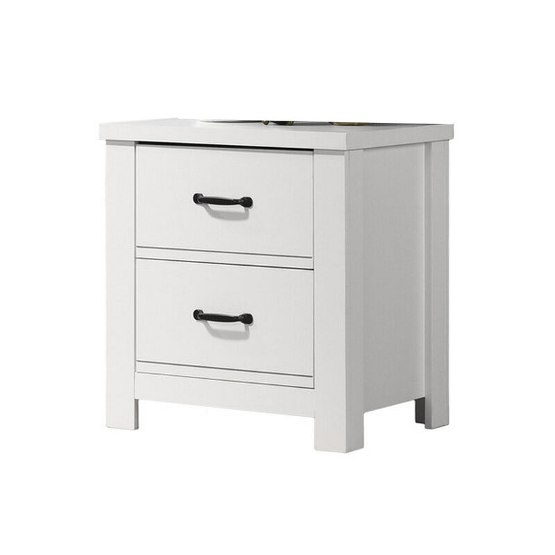 Jermy 22 Inch Nightstand, 2 Drawers, Black Handles, Crisp White Finish - Benzara