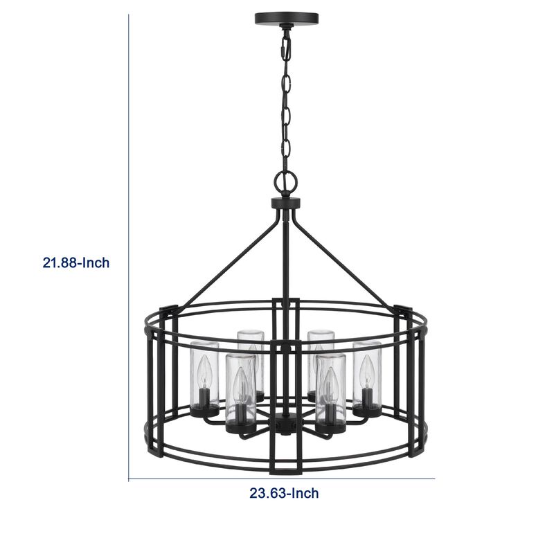 6 Light Chandelier, Caged Round Oval, Glass Shades, Black Metal 24 Inch image number 7