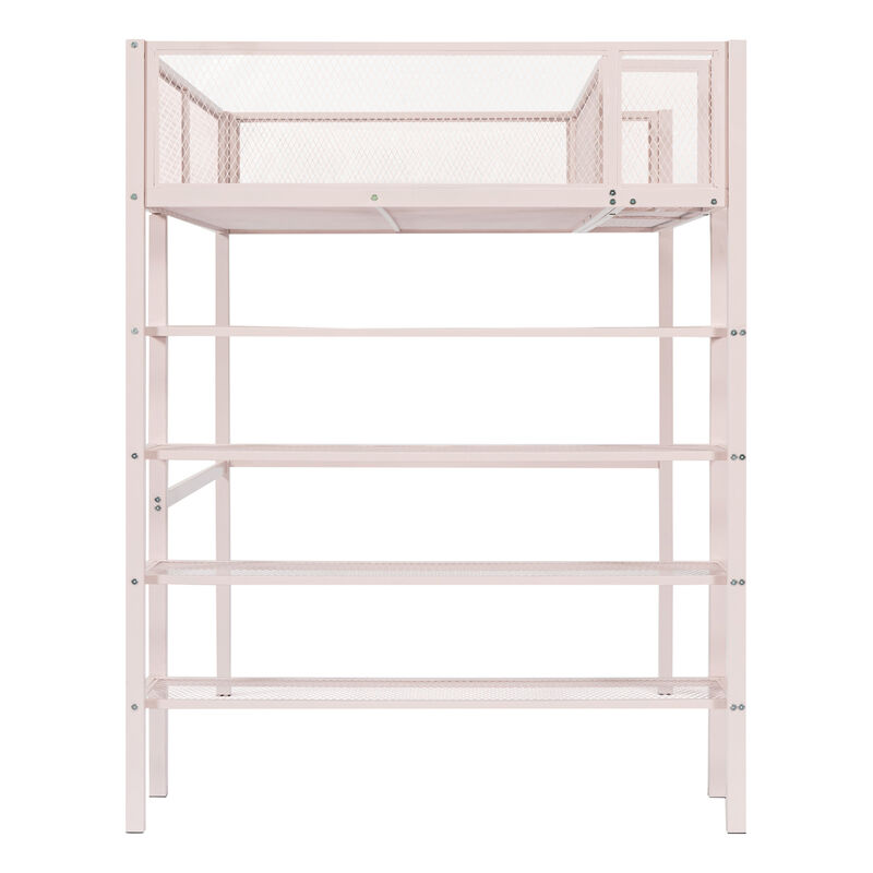 Twin Size Metal Loft Bed with 4Tier Shelves and Storage, Pink