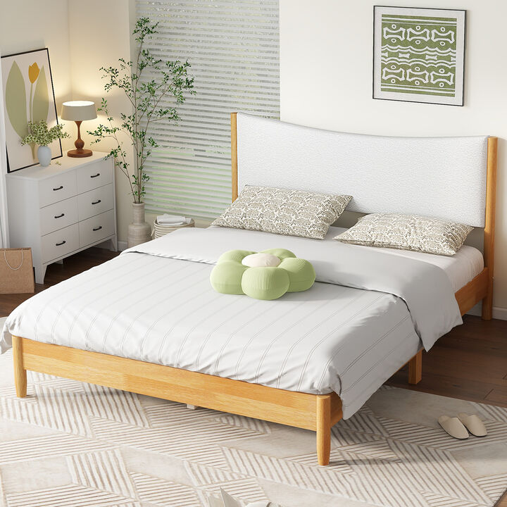 Whisen Queen Rubber Wooden Bed with Boucle Upholstered Headboard, Enhanced by Support Feet