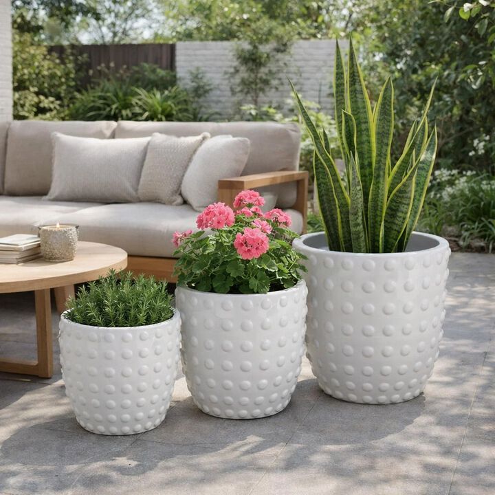 Planter Set of 3, White Resin, Smooth Round Dotted Texture, 15 12 10 Inch