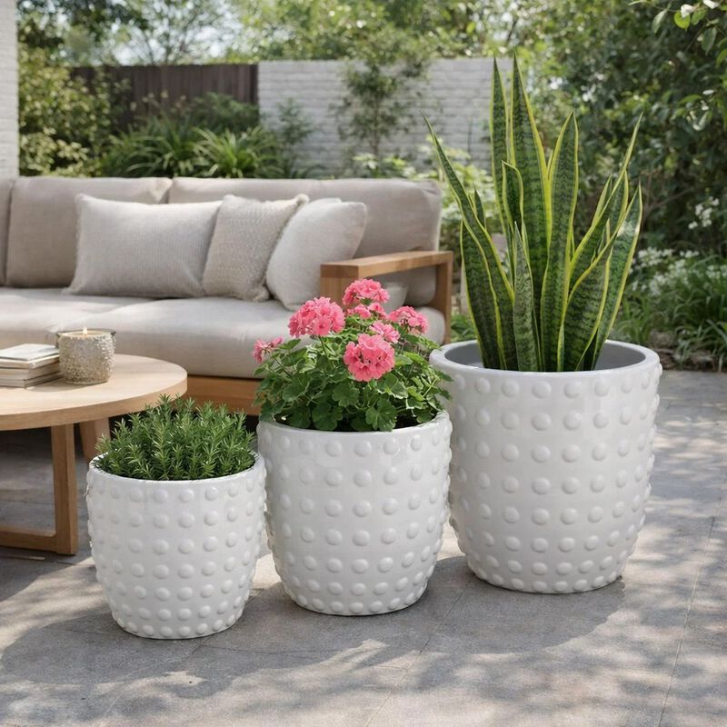 Planter Set of 3, White Resin, Smooth Round Dotted Texture, 15 12 10 Inch image number 1