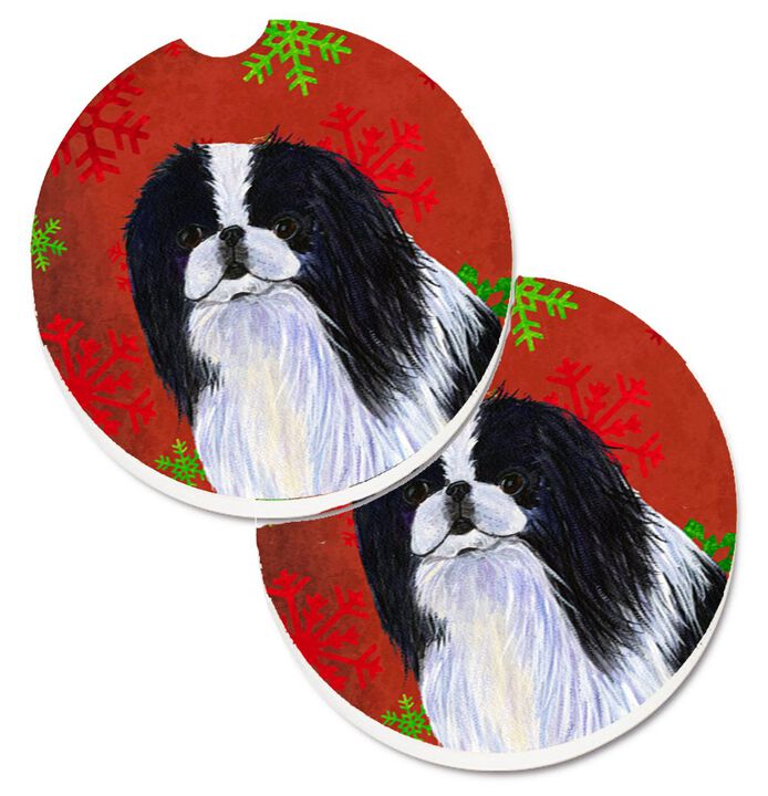 Caroline's Treasures Japanese Chin Red & green Snowflakes Holiday Christmas Set of 2 Cup Holder Car Coasters SS4674CARC, 2.56, Multicolor