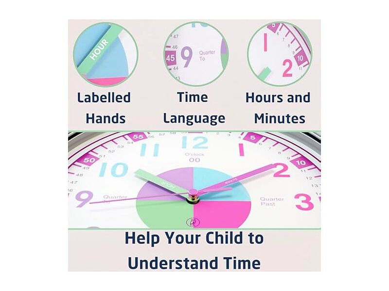 Educational Learning Teaching Homeschool Wall Clock Silent Non Ticking Pink image number 2