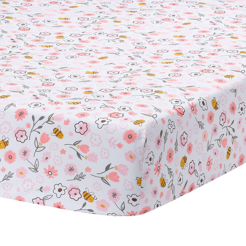 Lambs & Ivy Little Garden 100% Cotton Pink Floral Fitted Crib/Toddler Sheet