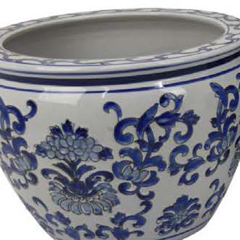 Hely 3 Planter Set, Blue Floral Vine Off White Ceramic 20, 14, 10 Inch