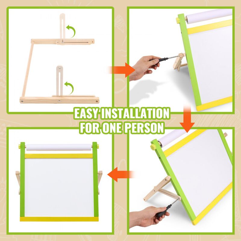 3-in-1 Wooden Kids Tabletop Art Easel with Magnetic Board, Chalkboard and Paper Roll image number 2