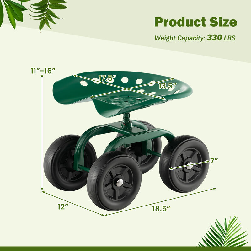 Garden Rolling Workseat with 360°Swivel Seat and Adjustable Height-Green