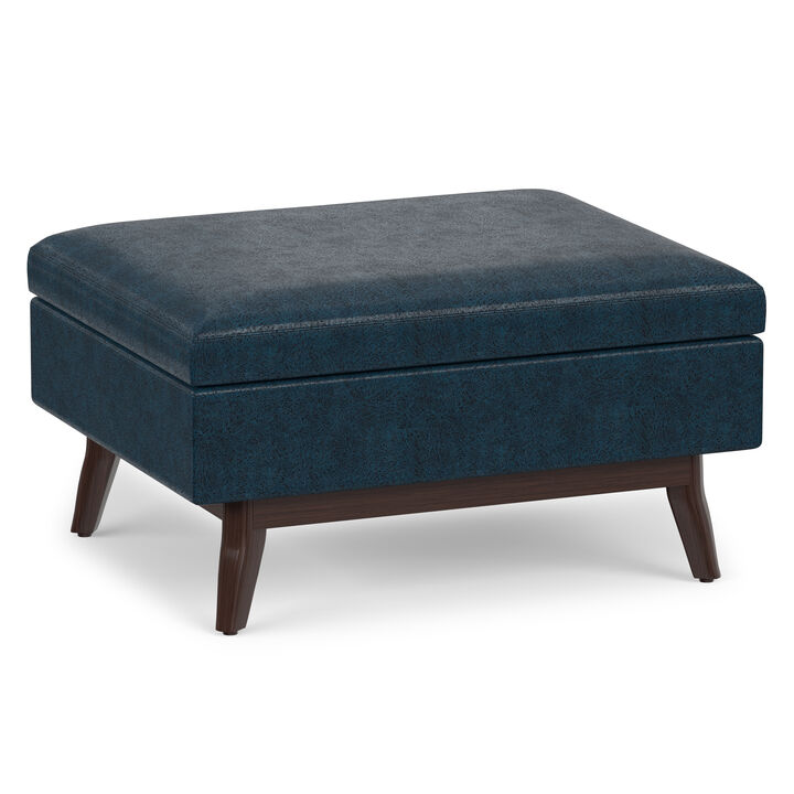 Owen 34 inch Wide Mid Century Modern Rectangle Coffee Table Storage Ottoman in Distressed Dark Blue Vegan Faux Leather, Assembled
