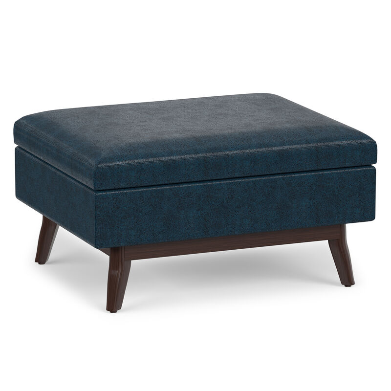 Owen 34 inch Wide Mid Century Modern Rectangle Coffee Table Storage Ottoman in Distressed Dark Blue Vegan Faux Leather, Assembled image number 0
