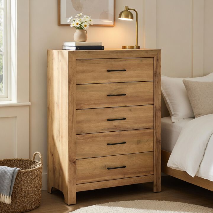 Eby Tall Dresser Chest, 5 Drawers, Black Nickel Handles, Natural Brown
