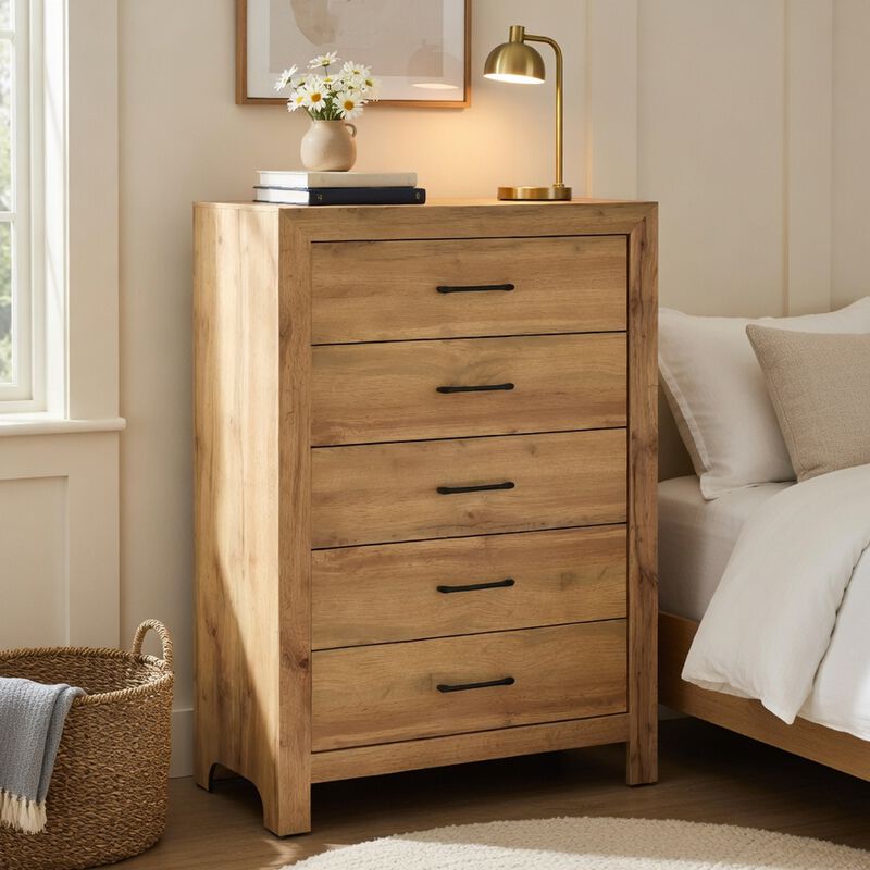 Eby Tall Dresser Chest, 5 Drawers, Black Nickel Handles, Natural Brown image number 1
