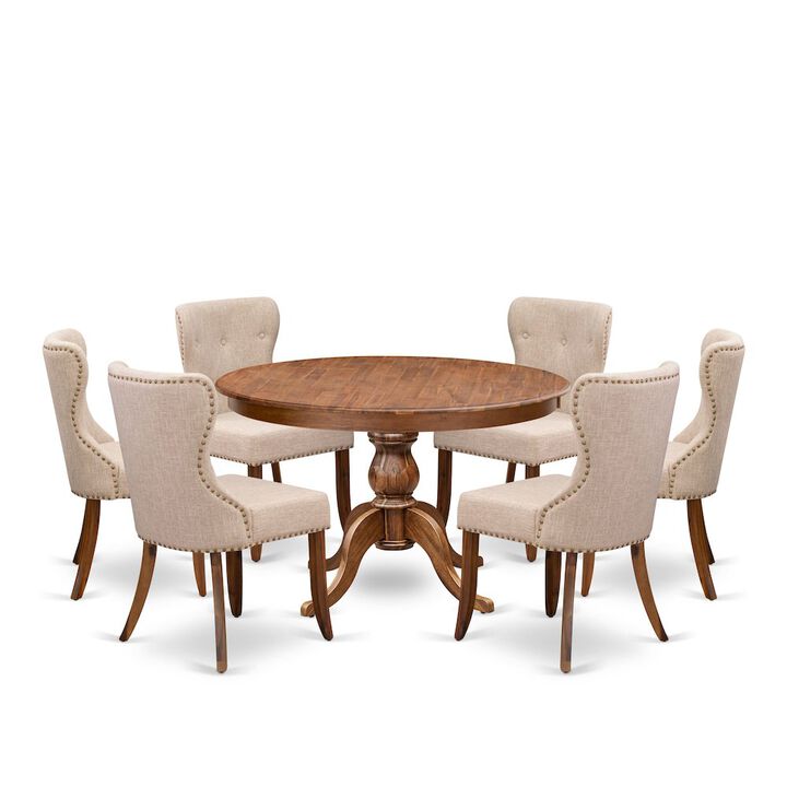 7-Pc Dining Set Of A Pedestal Dinner Table, 6 Light Tan Fabric Parson Chairs