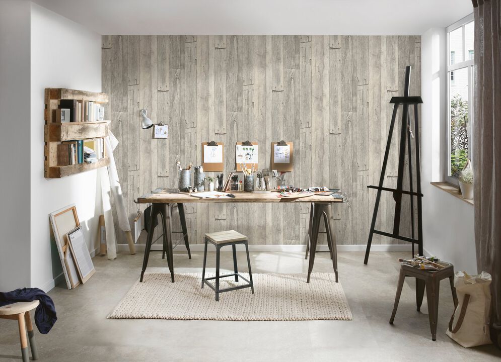 The Woods and Wicker Reclaimed Wood Effect Motif Beige Wallpaper WW22213