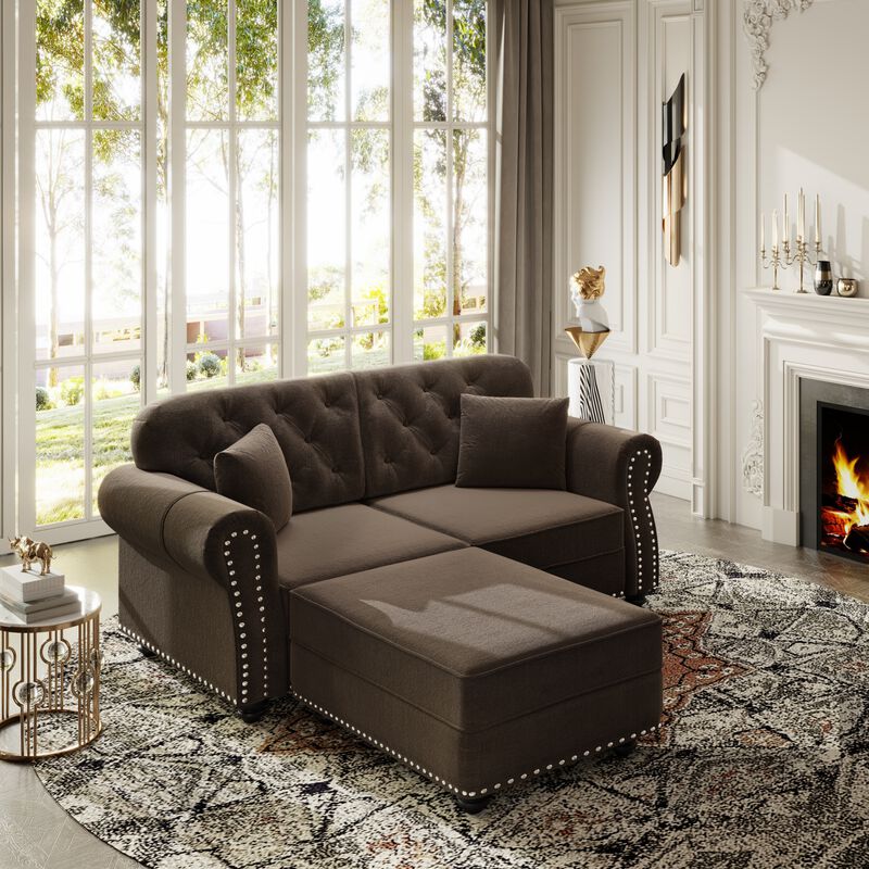 Whisen 2 Seat Velvet Upholstered Sofa with 2 Ottomans, Nailhead Trim, Mid-Century Modern, for Living Room image number 8