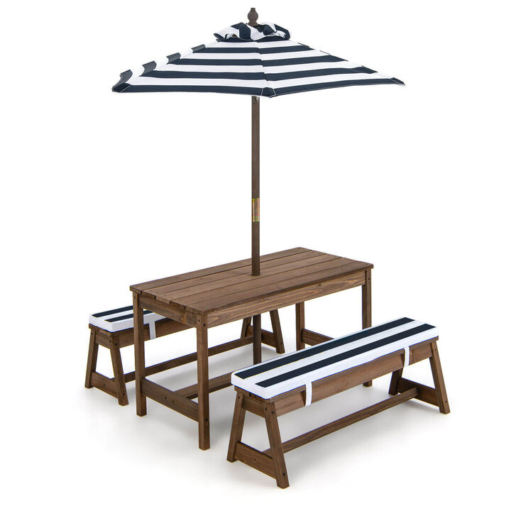 Kids Picnic Table and Bench Set with Cushions and Height Adjustable Umbrella