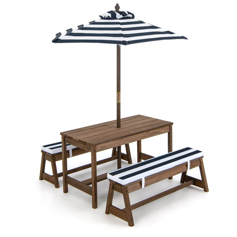 Picnic Table and Bench Set with Cushions and Height Adjustable Umbrella