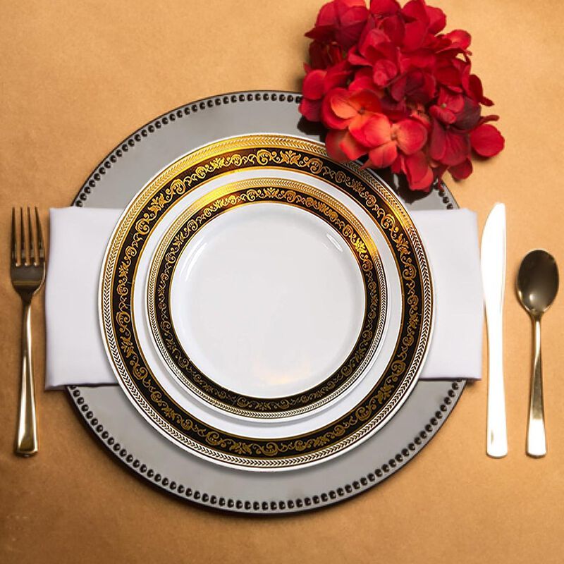 White with Black and Gold Royal Rim Plastic Wedding Value Set (30 Sets) image number 7