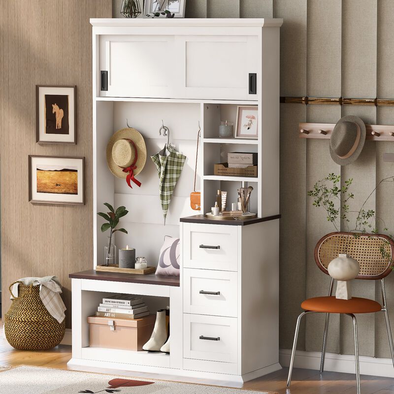 Clihome Modern Entryway Bench with Coat Rack, 3 Shelves and Drawers, 3 Sturdy Hooks, 40.2'' Wide Hall Tree with Storage Bench for Hallway, Entryway, Living Room image number 2