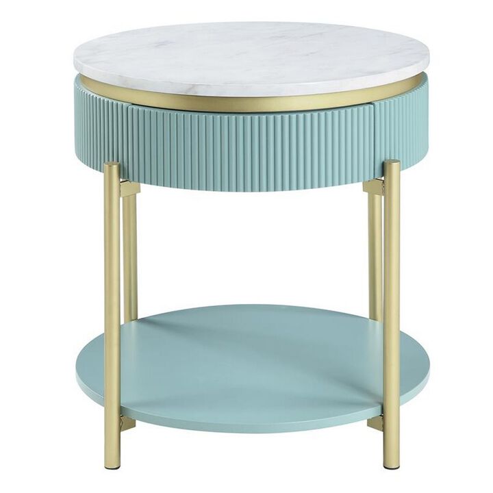 Ville 23 Inch Round Side End Table, White Faux Marble Top, Teal Reeded Edge