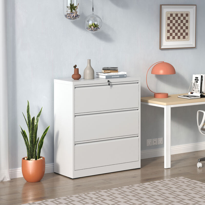 Mondawe Horizontal 3-Drawer Metal White Lockable Filing Cabinet Capable Of Storing A4/F4 Size Files