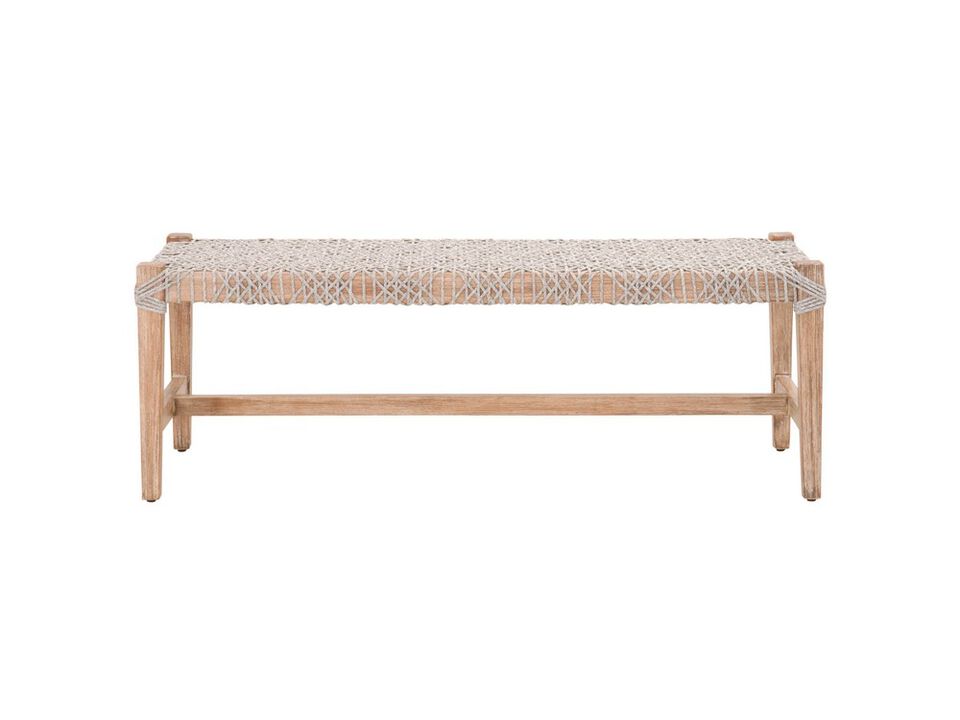 Interwind Rope Top Wooden Frame Bench with Trestle Base, Gray and Brown - Benzara