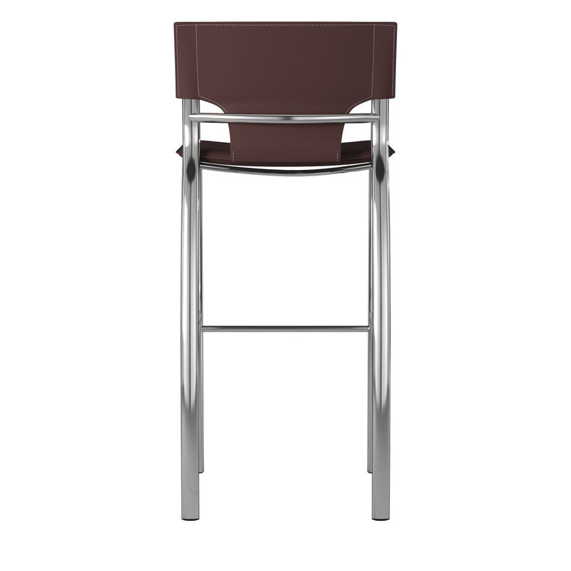 HomeRoots Set of Two 25" Brown and Silver Faux Leather and Metal Low Back Counter Height Bar Chairs image number 2