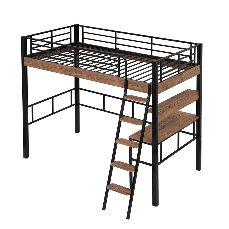 Whisen Metal Twin Size Loft Bed with Built-in Desk and Storage Shelf and Ladder - Black