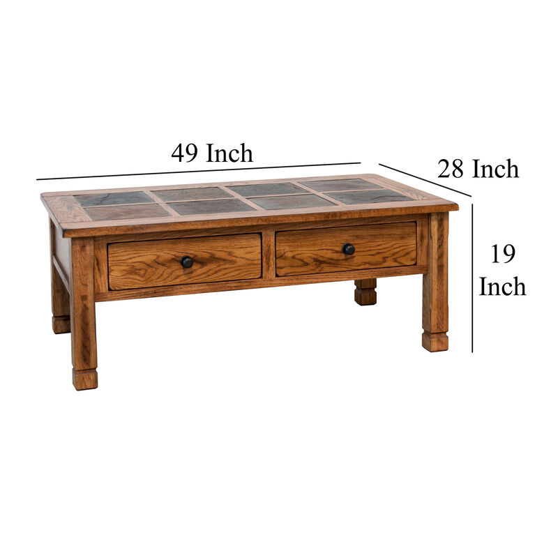 Marv Coffee Table, 2 Drawers, 49 Inch Rectangular w Brown Slate Inlay