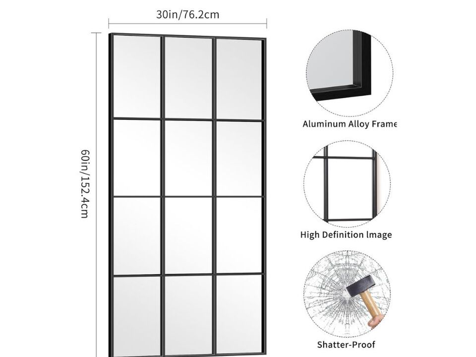 30"x60" Black Window Pane Mirror – Large Grid Frame for Entry