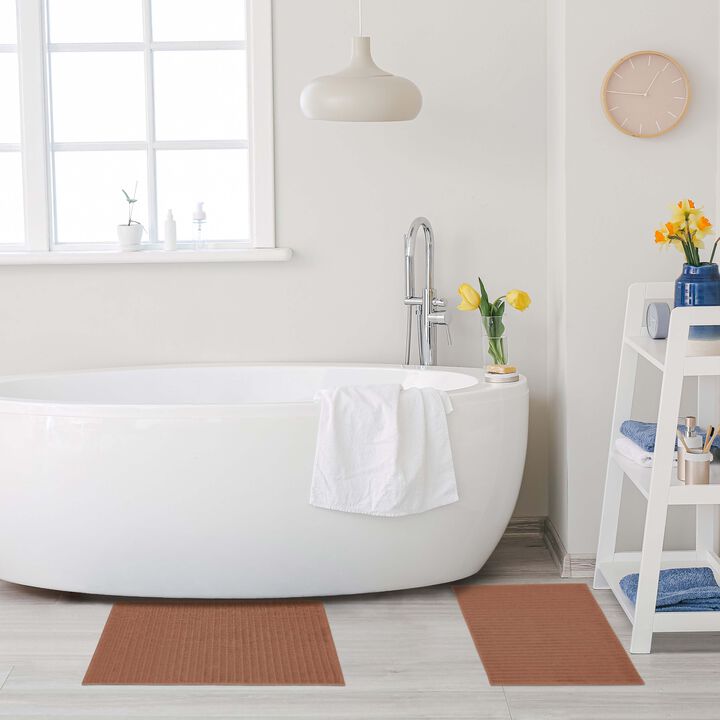 2 Piece Cotton Bath Mat Set with Lined Design for Bathroom