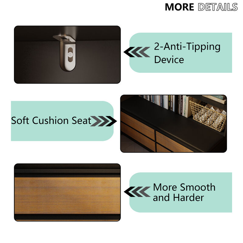 FUFU&GAGA Modern Cabinet with Seating &ndash; MDF Construction, 4 Glass-Panel Doors, 4 Drawers, and Cotton Seat Cushion, (47.2" L x 11.8" W x 63.6" H), Brown